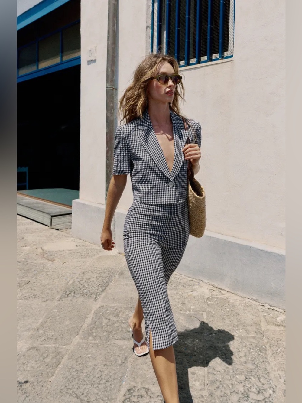 Zara Black and White Gingham Cropped Blazer. POP